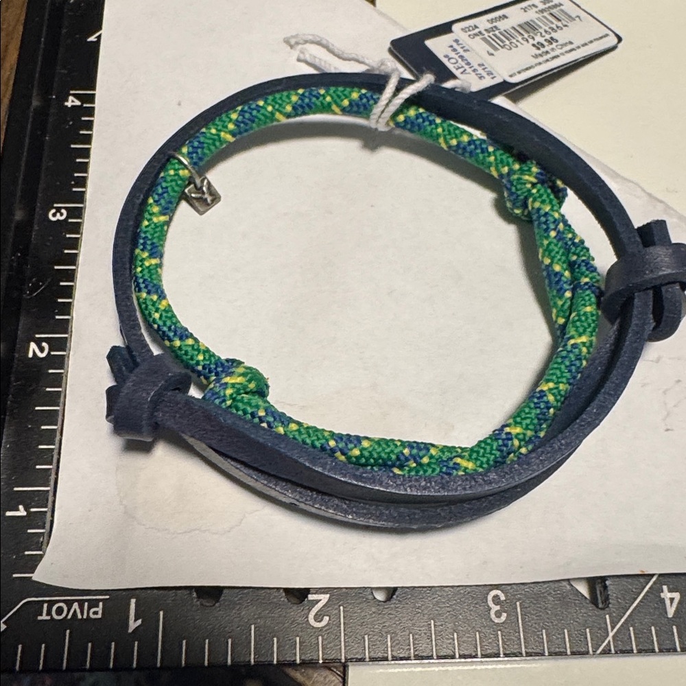 Braided Green & Blue Cord with Black Leather Wrap Bracelet (BR555) - Picture 3 of 4